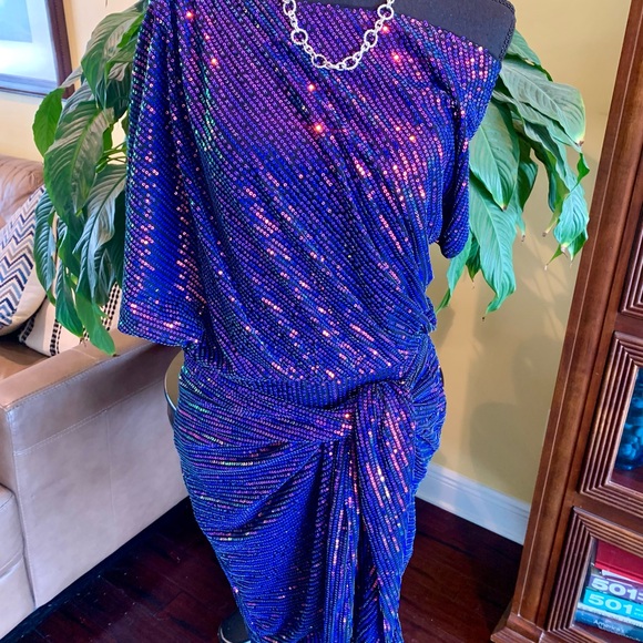 NWT! GRACE KARIN Sequin wrap style Dress / One Shoulder Ruched Dress - Large - Picture 6 of 11